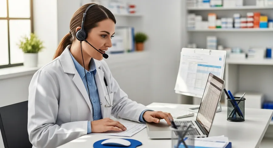 Pharmacist on a headset call reviewing medication records on a laptop