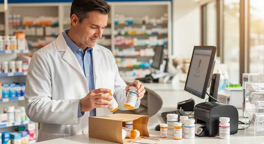 Pharmacist packing labeled prescription bottles into a delivery bag at the pharmacy counter
