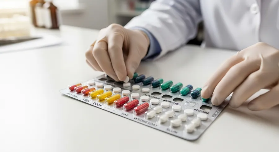Multi-dose pill pack organized by day and time on a pharmacy counter
